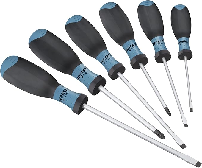 HAZET Screwdriver Set 810SPC/6 I 6-Piece Set with Non-Slip 3-Component Handle for High Force Transmission I Matt Chrome-Plated Surface, 4x Slotted Profile, 2x Phillips Profile