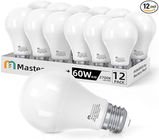 MASTERY MART A19 LED Bulbs 60 Watt Equivalent, 9W Non-Dimmable, Flicker-Free, 800 Lumens, Soft White 2700K, E26 Base, 10000 Hours, Energy Saving, Bright for Living Room, Bedroom, 12 Pack
