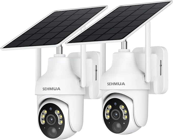SEHMUA 2K Solar Security Cameras Wireless Outdoor, 2 Pack 360° View Pan/Tilt WiFi Security Camera Outside with Color Night Vision,Easy to Install, PIR Alarm, 2-Way Audio
