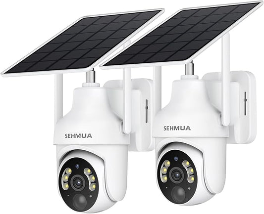 SEHMUA 2K Solar Security Cameras Wireless Outdoor, 2 Pack 360° View Pan/Tilt WiFi Security Camera Outside with Color Night Vision,Easy to Install, PIR Alarm, 2-Way Audio
