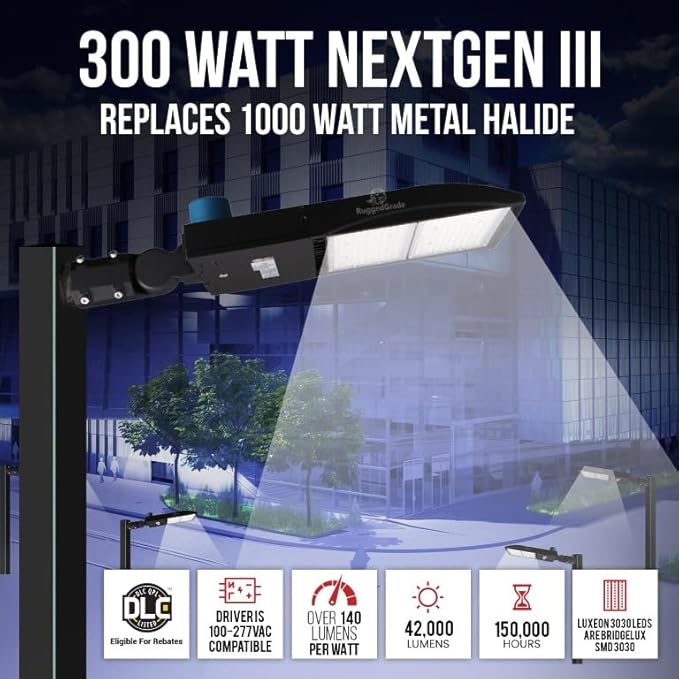 42,000 Lumen - 300 watt NextGen III LED Shoebox Lights - Dimmable - No Photocell - Arm Mount - 10KV Surge - White Housing