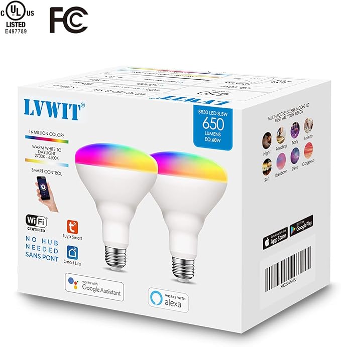 LVWIT Wi-Fi Smart Light Bulb Alexa, BR30 Smart LED, Work with Google Assistant, Smart Life App, Tuya App, 60W Equivalent, RGB Color Changing Light Bulbs (8.5W), No Hub Required, 2-Pack