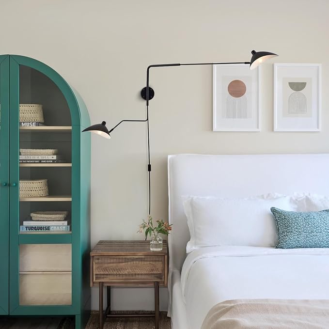 67" Mid-Century Wall Sconce Plug in with Adjustable 2-Arms, Matt Black Wall Lights with On/Off Cord for Bedroom, Living Room, Dining Room 2-Light