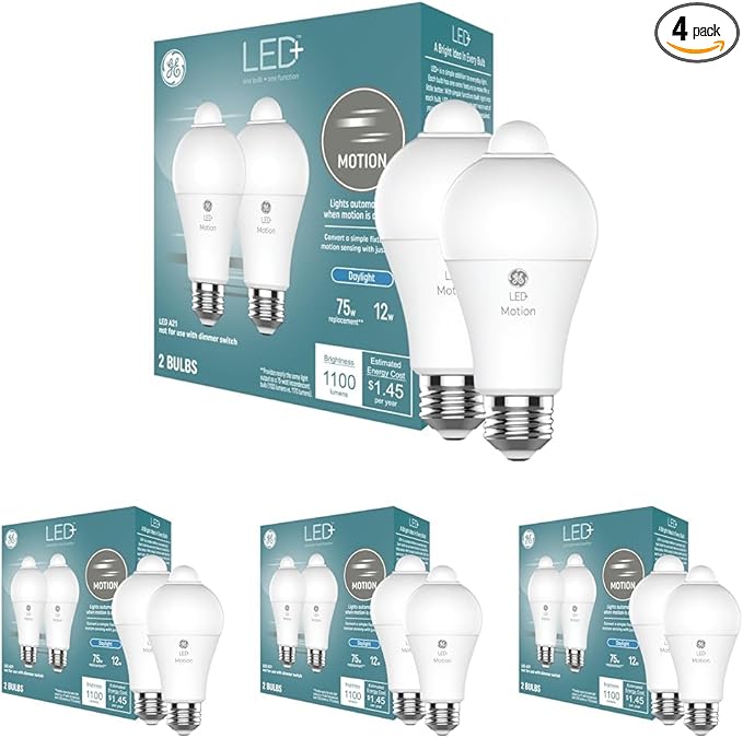 GE LED+ Motion Sensor LED Light Bulbs, 12W, Outdoor Security Lights, Daylight, A21 (8 Pack)