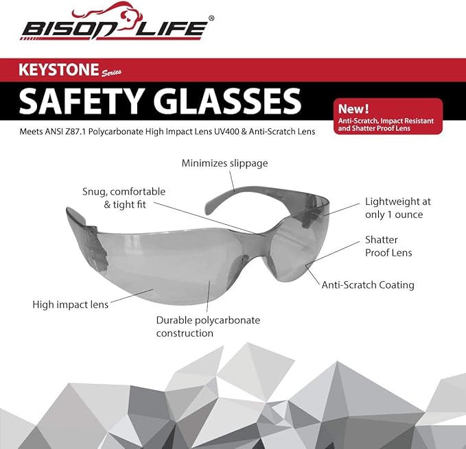 BISON LIFE Keystone Color Lens Safety Glasses | Anti Scratch | Impact Resistance | ANSI Z87.1 Standard | UV 400 Protection