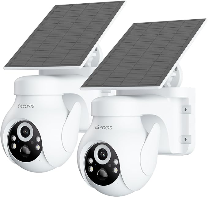 blurams 2K Solar Outdoor Camera Wireless, 360° PTZ Security Cameras Wireless Outdoor with Human Auto Tracking, R/Color Night Vision, Battery Powered, 2.4GHz Only, 2Pack