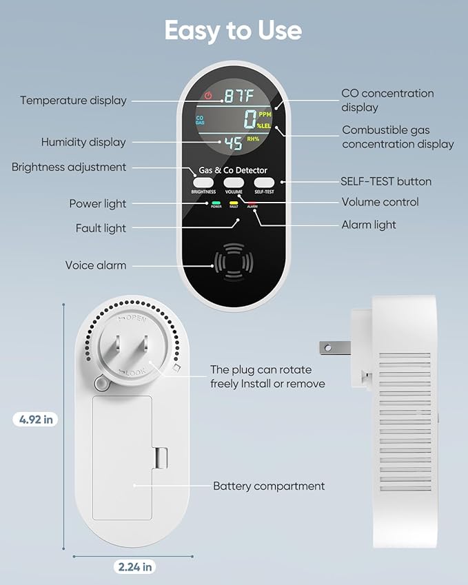 5-in-1 Carbon Monoxide Detectors, Natural Gas Leak Detector, Plug-in & Battery Backup Co Detector, HD Digital Display, CO Gas Temp Humidity Sensor, 3-Pcs, Black