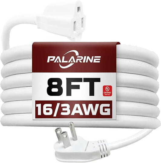 Indoor Flat Plug White Extension Cord 8ft, UL Listed, 16/3 SJTW 3 Prong Heavy Duty, 16 Gauge 13A Power Cord for Lights, Appliance, Home, Office