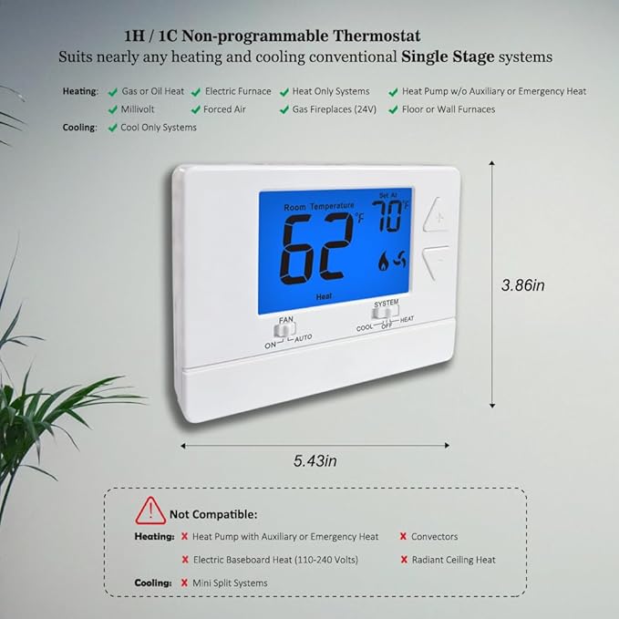 NonProgrammable Thermostat for House, Digital Energy-Saving Thermostat,Single-Stage Systems, 1 Heat/1 Cool, Easy DIY Install, Blue Backlight