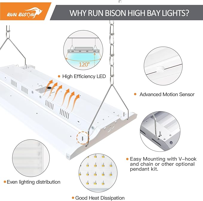 2FT LED Linear High Bay Fixture with Motion Sensor, 155W LED Shop Light, 20,925lm 135LM/W, 120-277V, 5000K Daylight Linear Hanging Light, UL&DLC Listed - 1PK