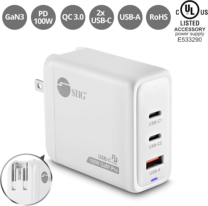 SIIG 100W USB C Charger, 3-Port GaN 3 Pro Fast Wall Charger, 2 USB-C PD 3.0, 1 USB-A QC 3.0 Ports, Compact Foldable Plug, ETL Certified, for MacBook, iPhone, Samsung Galaxy, and More (AC-PW1Z11-S1)