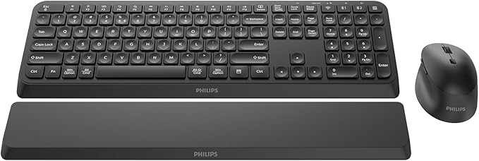 PHILIPS Bluetooth Keyboard and Mouse Combo - Bluetooth 2.4Ghz Wireless Keyboard and Mouse,Ergonomic Design with Palm Rest,3-Device Connectivity, 5 DPI Mouse, Long Battery for Office & Home -Black