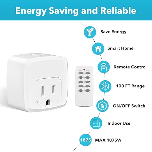 HBN Remote Control Outlet with 100FT RF Signal, Wireless On Off Switch Plug for Household Appliances, Battery Included, 15A/1875W(5 Outlets + 2 Remotes)