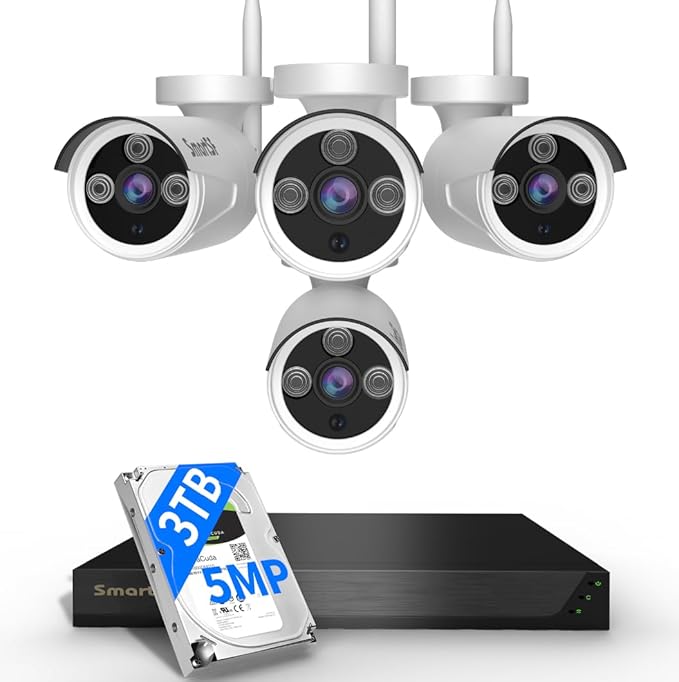 Wireless Security Camera System, 8CH with 4 5MP Cameras, 3TB HDD, Night Vision, Motion Detection, Indoor/Outdoor Video Surveillance, Free App (5MP-3TB Hard Drive)