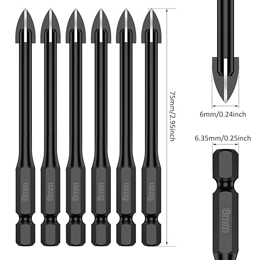 10Pcs Tile Drill Bit 6mm Alloy Drill Bits Full-Grinding Glass Marble Set Electric Screwdriver Bits Metal Hole Saw Drilling Tool for Tile Glass Mirror(10pcs)