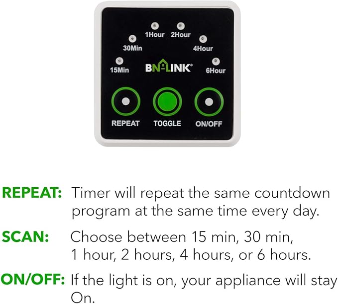 BN-LINK Smart Digital Countdown Timer, Repeat Cycle Timer with 3-Prong Grounded Outlet for Lamps, Light and Home Appliances, 15A/1875W ½ HP