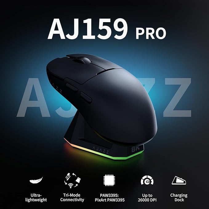 DAIDAI AJ159PRO 8Khz Bluetooth/2.4G/Wired 56G Lightweight Gaming Mouse with Magnetic Charging Dock, PAW3395 Sensor 26KDPI, Huanuo 100 Million Click, 100% ETFE Foot Pad & 8Khz Receiver