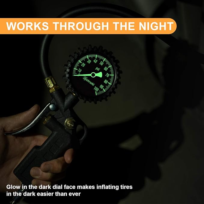 AstroAI Tire Pressure Gauge with Inflator, 100 PSI-ANSI B40.1 Accurate, Large 2.5" Easy Read Glow Dial, Heavy Duty Air Chuck and Compressor Accessories with Rubber Hose and Quick Connect Coupler