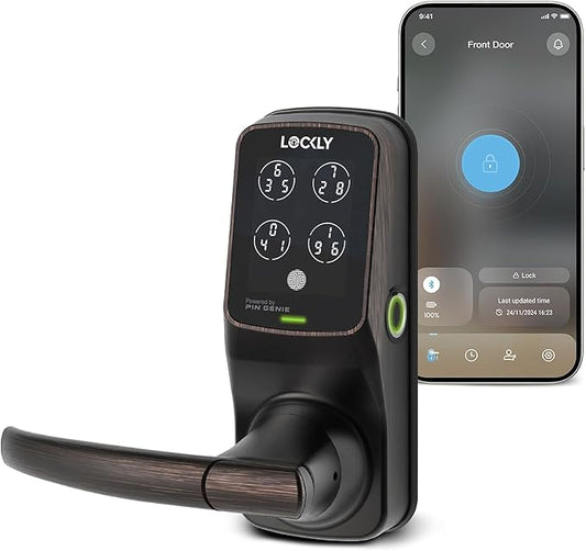 Lockly Secure Plus Bluetooth Smart Door Lock, Keyless Entry with PIN Genie® Digital Keypad, 3D Biometric Fingerprint Sensor Front Door Lock with Handle, Voice Control & Auto Lock - Latch Edition