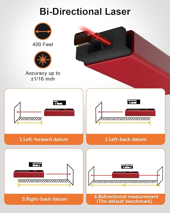 Dual Laser Measuring Tool Aluminum Shell Bi-Directional 400 Ft-in Magnetic Lazer Measurement Rechargeable Laser TapeMeasure Large LCD Digital Tape Measure with Electronic Level Bubble