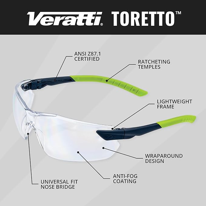 Veratti Toretto Safety Glasses, Anti-Fog Clear Lens, ANSI Z87.1 Certified, Gray/Green Frame, Affordable Eyewear