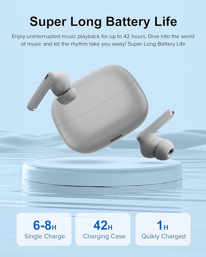 Wireless Earbuds, 42H Playtime Bluetooth 5.3 Headphones, HiFi Stereo Call Noise Cancelling Earbuds, IPX7 Waterproof Stereo in-Ear Earphones with LED Display for iOS Android (Gray)