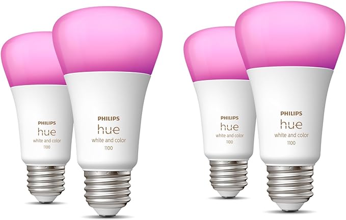 Philips Hue 75W A19 White and Color Ambiance LED Smart Color-Changing Bulb - Pack of 4 - E26 Indoor - Control with Hue App - Compatible with Alexa, Google Assistant, and Apple Homekit