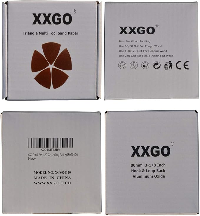 XXGO 60 Pcs 120 Grits Triangular 3-1/8 Inch 80mm Hook & Loop Oscillating Tool Sanding Paper for Wood Sanding Fit 3-1/8 Inch 80mm Triangular Oscillating Multi Tool Sanding Pads XG8020120