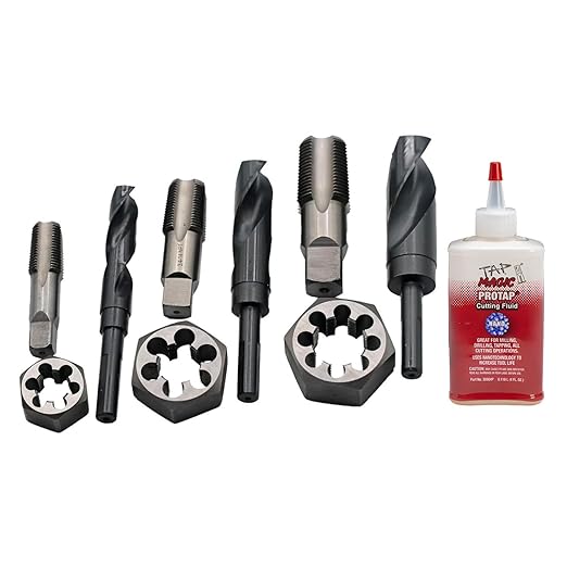 Drill America Plumber's Tool Kit, Drill, Tap and Die Kit, 10-Piece Tool Set with 3 NPT Tap and Drill Bits, 3 NPT Hex Dies (1/2”, 3/4", 1”), 4oz Tap Magic Cutting Fluid with Storage Bag, KMZPLUM12