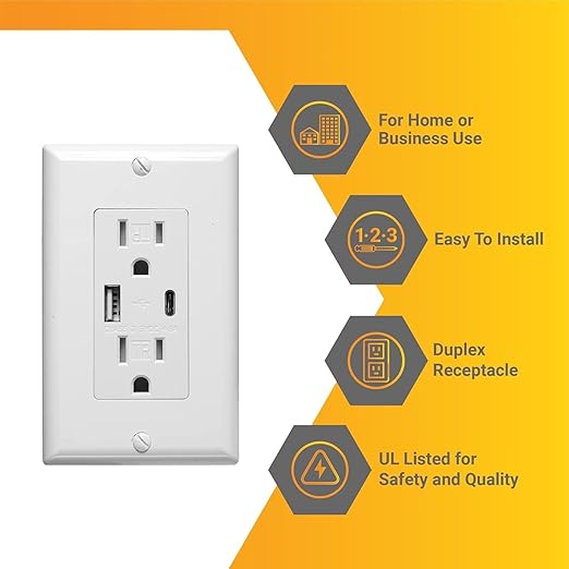 Diodesy- USB Outlet and Duplex Tamper Resistant Receptacle Plug 15 Amp Electrical Outlet with Wall Plate Cover Fast Charging Power Dual Type A & C Ports for Phones Tablets Laptops UL Listed Pack of 4