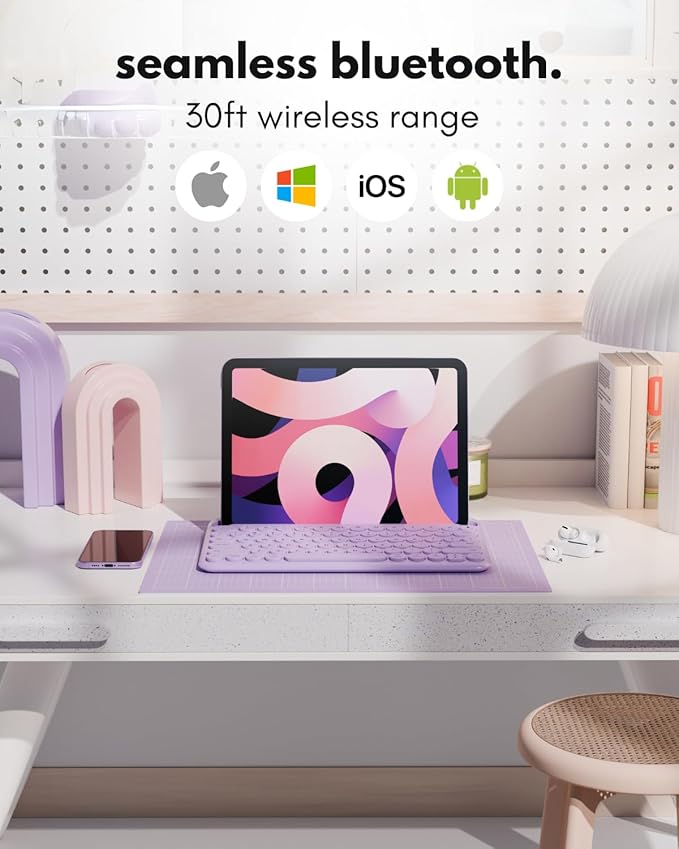 Macally Small Wireless Bluetooth Keyboard for iPad mini/Air/Pro, iPhone, Tablet, and Phone - 78 Key iPad Keyboard with Built-in Stand - Universal Compatible Multi Device - Purple