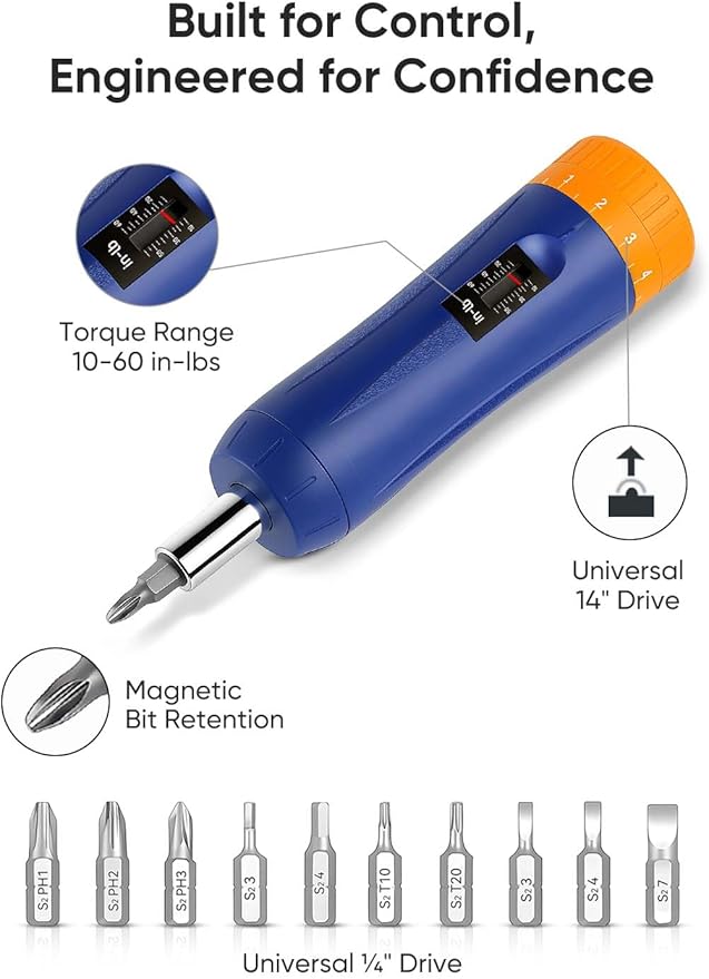 GOYOJO Torque Screwdriver 10–60 in-lbs, 1/4 Inch Drive Adjustable Torque Wrench Set with S2 Bits & Magnetic Holder, Gunsmithing, Electricians, Bike Repair and Mounting, Gifts for Men
