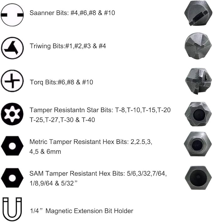 34 Pcs Screwdriver Bit Set with Magnetic Extension Bit Holder, FineGood Security Anti-Tamper SAE Metric Hex Tri-Wing Torq Spanner Star Bit - Blue
