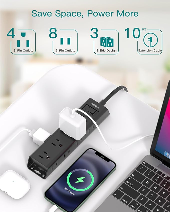 10 FT Extension Cord - Long Power Strip Surge Protector, Flat Plug, 12 Widely Outlets 3 Sides Outlet Extender, 900J, Wall Mount, Desk Charging Station Compact for Home Office Dorm Room Essentials