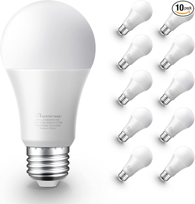 MASTERY MART Led Light Bulbs 9.5 Watt [60 Watt Equivalent], A19 - E26 Dimmable, 5000K Daylight White, 800 Lumens, Medium Screw Base, Energy Star, UL Listed (Pack of 10)