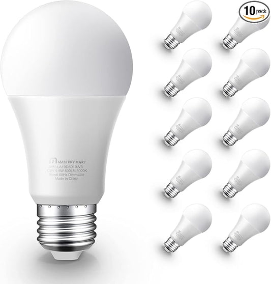 MASTERY MART Led Light Bulbs 9.5 Watt [60 Watt Equivalent], A19 - E26 Dimmable, 5000K Daylight White, 800 Lumens, Medium Screw Base, Energy Star, UL Listed (Pack of 10)