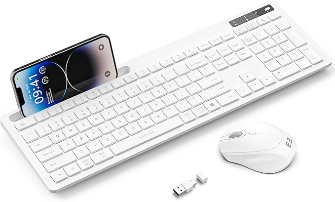seenda White Wireless Keyboard and Mouse for Mac, USB A & Type C Receiver, Full-Size Wireless Keyboard with Phone Holder Compatible for MacBook/Air/Pro Windows Computer/Desktop/Laptop