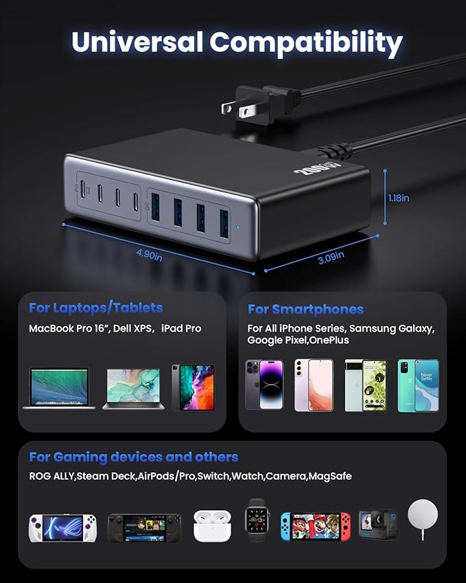 200W USB C Charger Block,GaN IV Charging Station 8 Ports,QC4.0 Fast Charging Station Hub+PD 65W USB C Laptop Charger Adapter Compatible with MacBook Air/Pro,DELL,iPhone 16/15,iPad,Steam Deck-Black