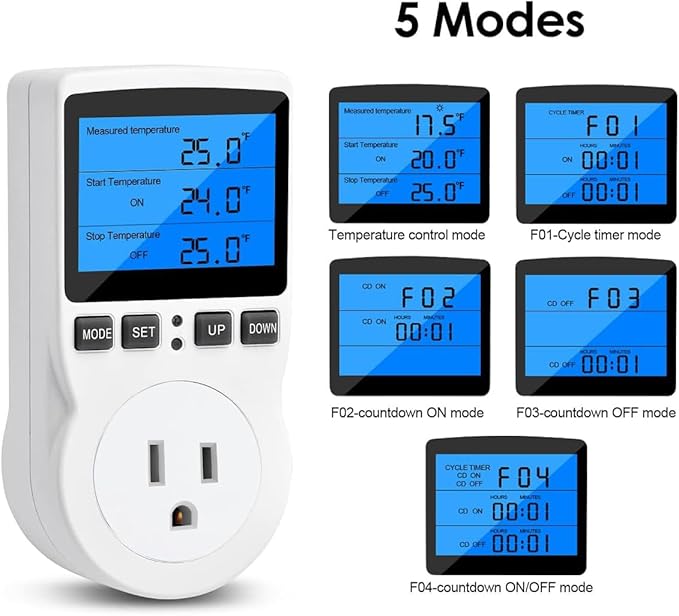 Diymore Digital Thermostat Temperature Controller Electric Digital RV Thermostat Heating Cooling Control Mode Timer 1800W 120V 15A Incubator Thermometer Reptile Thermostat Greenhouse Pool Thermometer