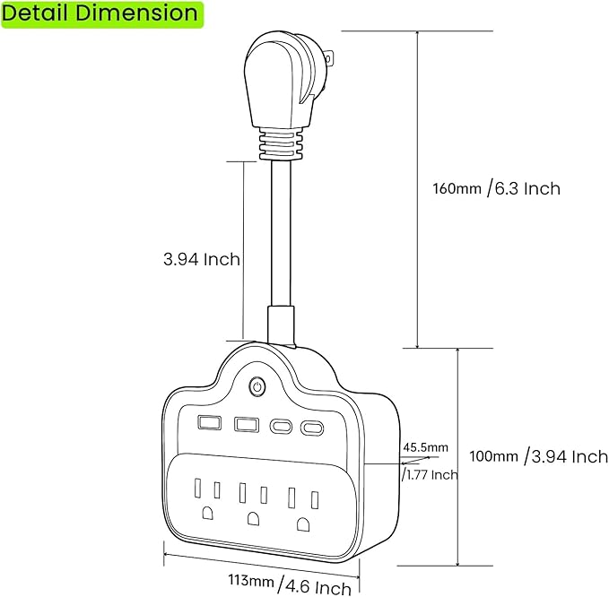 Wall Power Strips 65W USB-C Outlet Extender, Surge Protector Splitter 6 Inch Short Extension Cord, Multi Plug Wall Outlets with 4 USB Ports, 3 AC Outets, Power On/Off Switch (1)