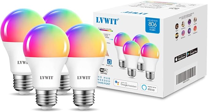 LVWIT Smart Light Bulbs Alexa, A19 60W Equivalent, E26 Smart LED, Work with Google Assistant, Smart Life App, Tuya App, RGB Color Changing Bulb (8.5W), No Hub Required, 4-Pack