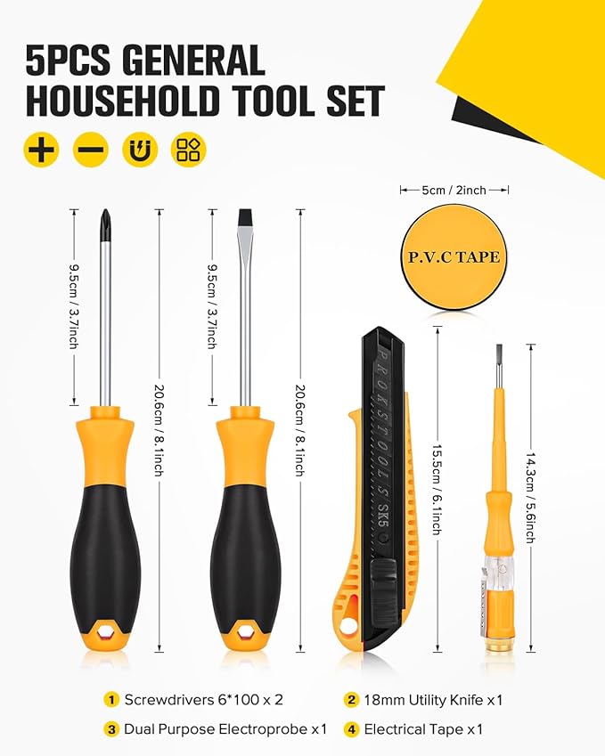 5pcs General Household Tool Set, Includes Crosshead Screwdriver, Flat-head Screwdriver, Electrical Pen, PVC Tape, Suitable for Daily Use