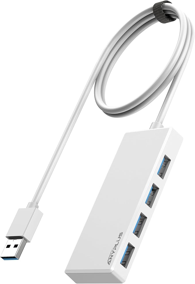 USB Hub, Multiport USB Splitter Adapter, 2 ft Long Cable USB 3.0 Hub, USB Extender for Laptop, PC, iMac, Surface Pro, MacBook, Mac Pro, Flash Drive, XPS, Mouse, HDD【White】