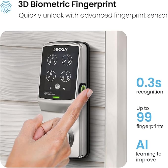 Lockly Secure Plus, Keyless Entry Door Lock, Smart Locks for Front Door, Smart Lock Deadbolt, PIN Genie® Keypad, 3D Biometric Fingerprint Sensor, Auto Lock