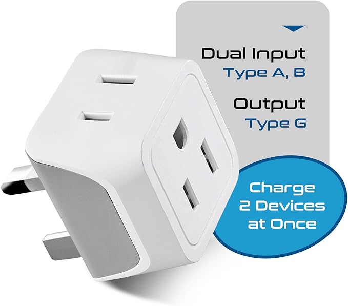 Ceptics UK Travel Plug Adapter, 2 in 1 Type G Adapter, US to UK Adapter, Ireland, Dubai Travel Adapter with Dual USA Inputs, CE, RoHS - HK Outlet Adapter, 3 Pack