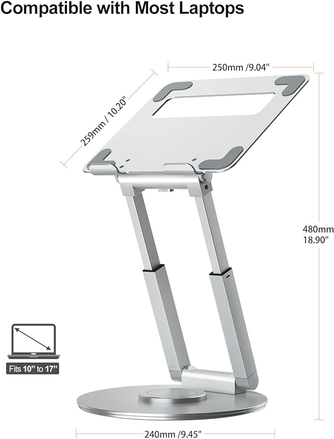 tounee Telescopic Laptop Stand for Desk with 360° Swivel Base, Sit to Stand, Height Adjustable, Portable Riser Holder for Good Posture, Compatible with All Laptops 10-17"-Silver
