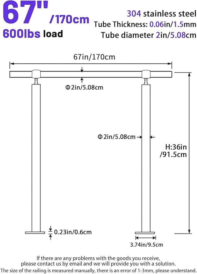 Outdoor 5 Step Handrail, DIY 304 Stainless Steel Transitional Hand Rails with Installation Kit,Silver Porch Stair Railing for Concrete Brick or Wooden Steps, 67x36