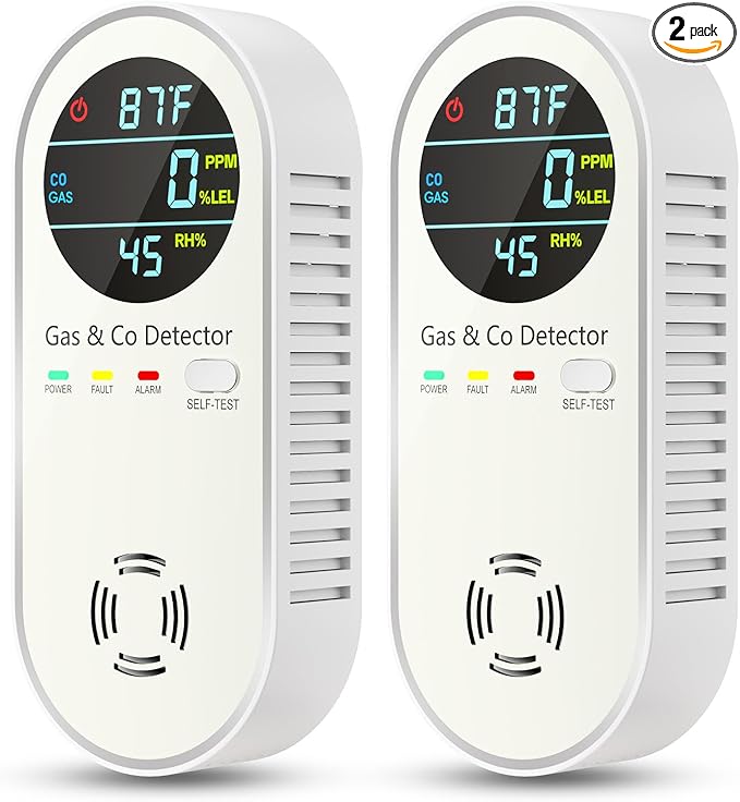 4-in-1 Natural Gas Leak Detector & Carbon Monoxide Detectors - Carbon Monoxide Detectors Plug in - Natural Gas, Propane, Co Detector, Temperature & Humidity Detector for Home, RV (2 Packs)