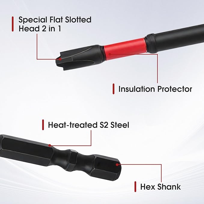 FPH2 Impact Screwdriver Bit Set for Electricians, FPH2 Bits with Magnetic for Electricians, S2 Steel 65mm & 110 mm Slotted Heads 1/4 Inch Hex Shank with a Pair of Glove, 11PCS