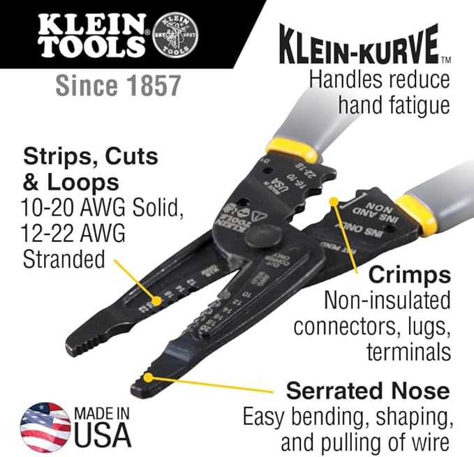 Klein Tools 1009 Multi Tool, Wire Stripper / Crimper / Wire Cutter, Made in USA, Long-Nose Multi-Purpose Electrician Tool